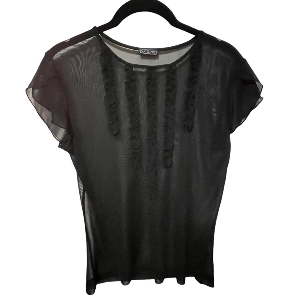 3/$30 VINTAGE 90S Y2K RAMPAGE TOP HEART MOON STAR LETTUCE BIB  SHEER FLUTTER S/S